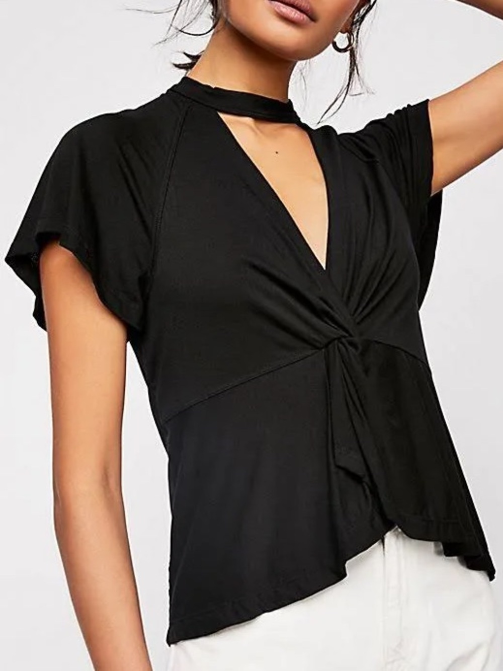 Free People Twist-Front Choker Cutout Tee Black - Size Large
